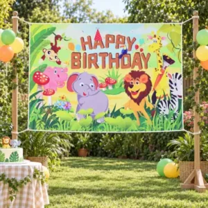 Jungle Animal Happy Birthday Backdrop Curtain – Kids Birthday Party Decoration ( default, OS )