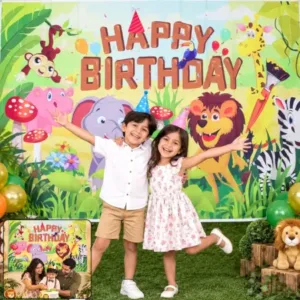 Jungle Animal Happy Birthday Backdrop Curtain – Kids Birthday Party Decoration ( default, OS )