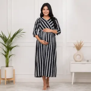 Women's Rayon Feeding Kurti – Printed A-Line 3/4 Sleeve Maternity & Nursing Kurta ( black, S )