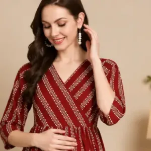 Women's Rayon Feeding Kurti – Printed A-Line 3/4 Sleeve Maternity & Nursing Kurta ( red, XL )