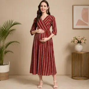 Women's Rayon Feeding Kurti – Printed A-Line 3/4 Sleeve Maternity & Nursing Kurta ( red, XL )