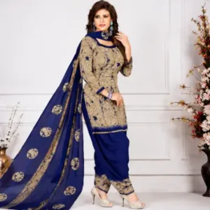Women's French Crepe Printed Designer Suit Dress Material with Nazneen Dupatta – Unstitched 3-Piece Set ( blue, Un Stitched )