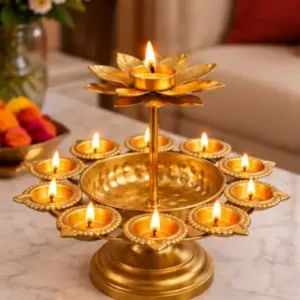 Diwali Urli Bowl Diya Stand with Lotus Candle Holder – Golden Metal Festive Home Décor ( default, OS )