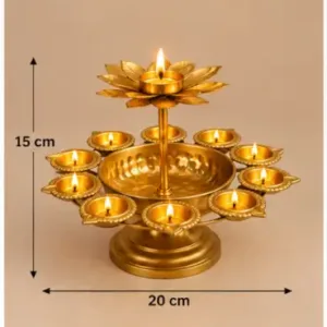 Diwali Urli Bowl Diya Stand with Lotus Candle Holder – Golden Metal Festive Home Décor ( default, OS )